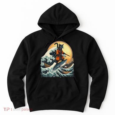 Samurai Cat Riding Shark Epic Wave Cat Lovers Costume Hoodie