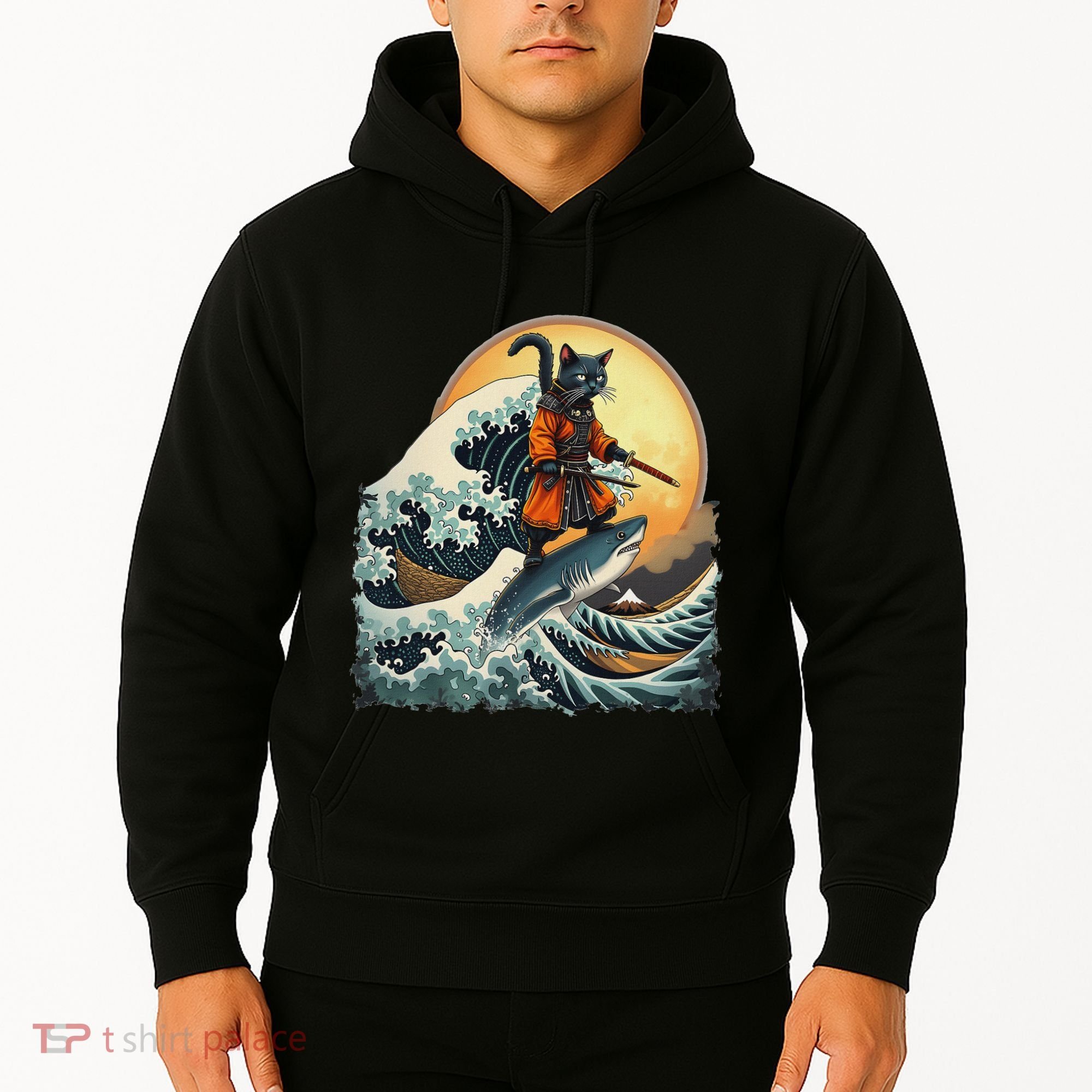 Samurai Cat Riding Shark Epic Wave Cat Lovers Costume Hoodie