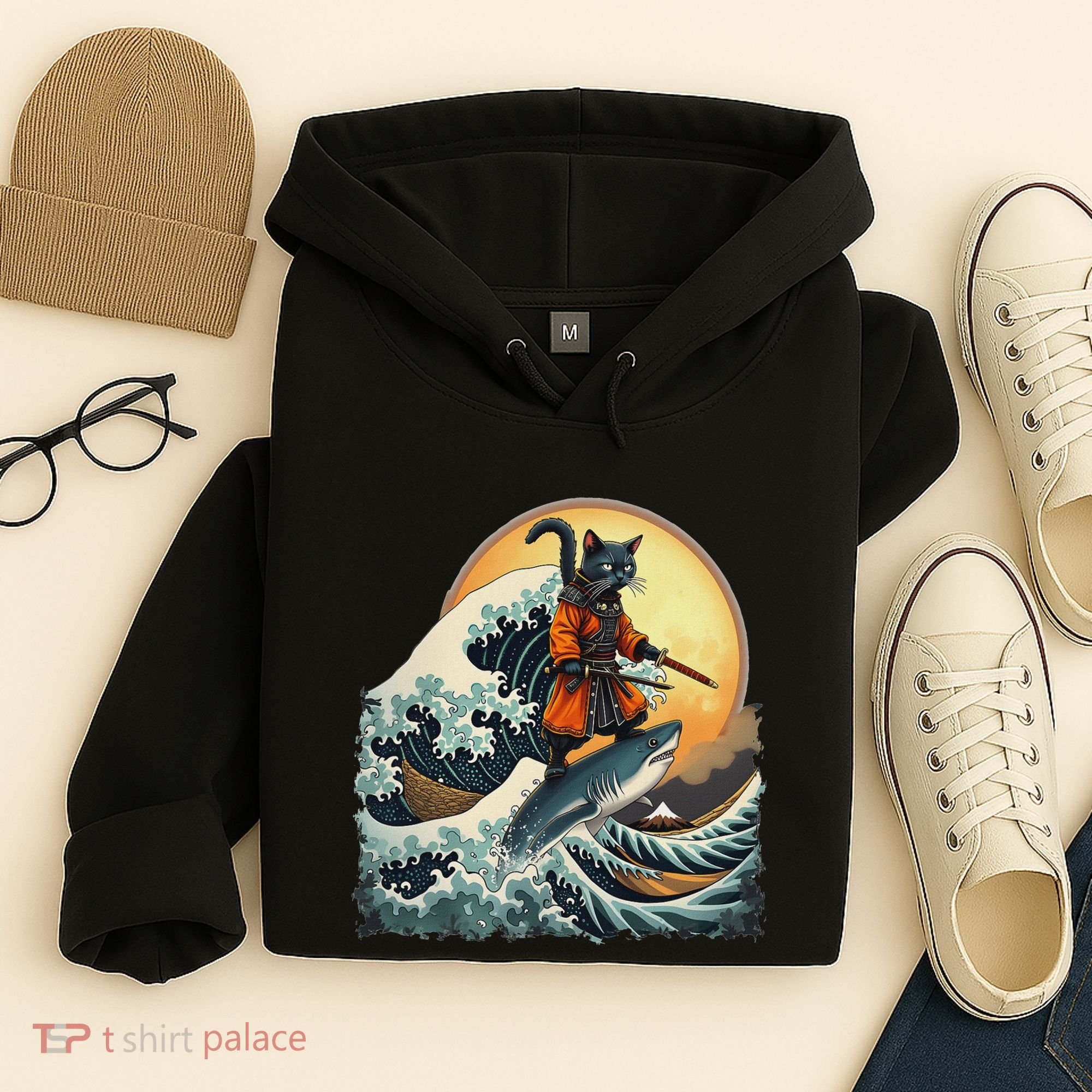 Samurai Cat Riding Shark Epic Wave Cat Lovers Costume Hoodie