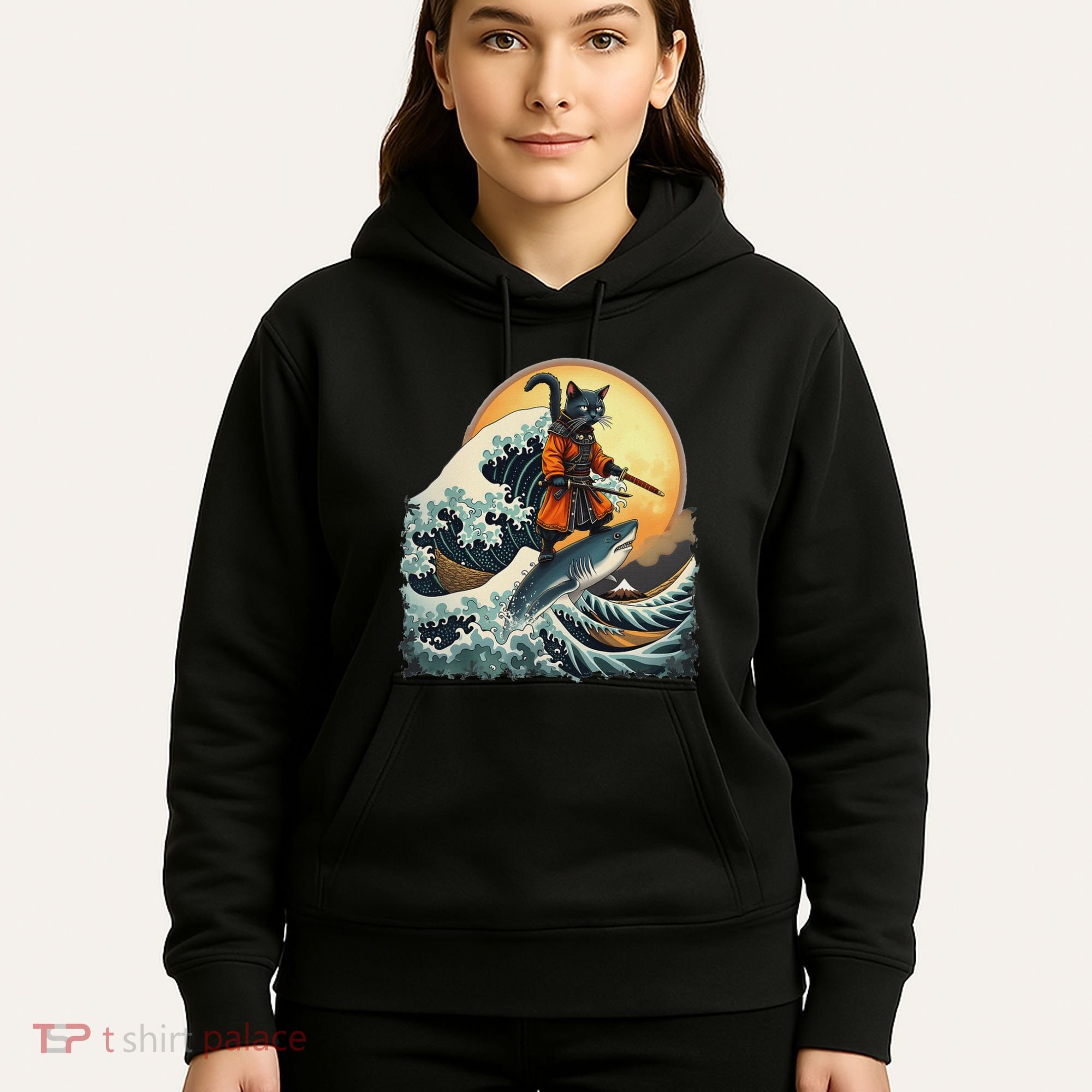 Samurai Cat Riding Shark Epic Wave Cat Lovers Costume Hoodie