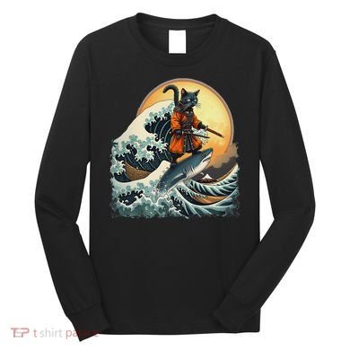 Samurai Cat Riding Shark Epic Wave Cat Lovers Costume Long Sleeve Shirt