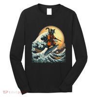 Samurai Cat Riding Shark Epic Wave Cat Lovers Costume Long Sleeve Shirt thumb 0