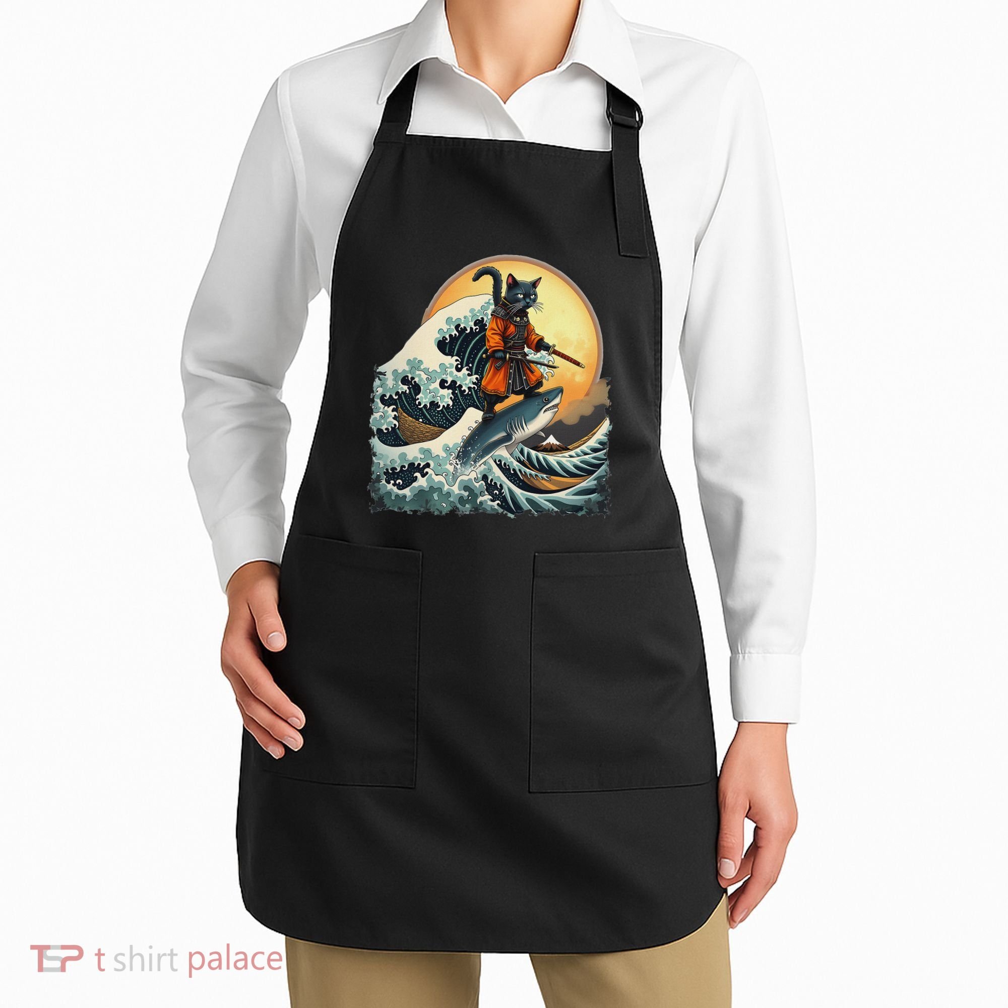 Samurai Cat Riding Shark Epic Wave Cat Lovers Costume Apron