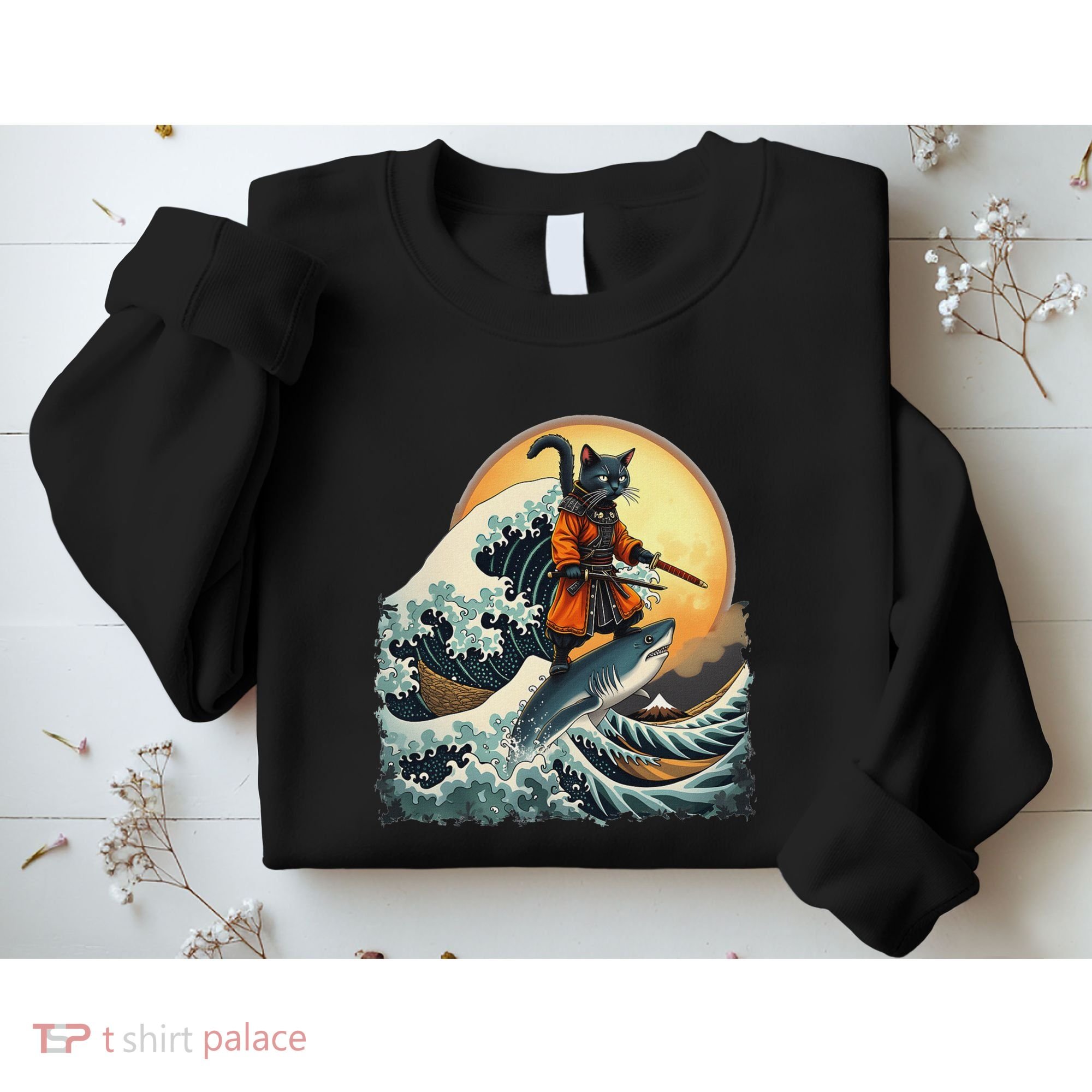 Samurai Cat Riding Shark Epic Wave Cat Lovers Costume Sweatshirt