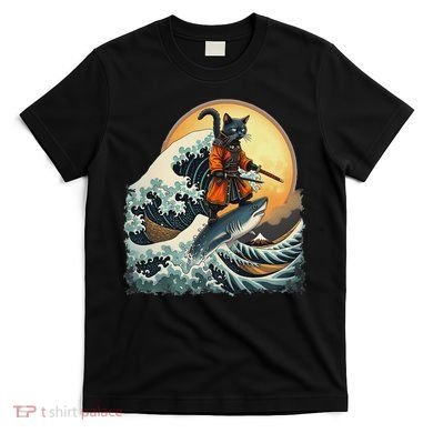 Samurai Cat Riding Shark Epic Wave Cat Lovers Costume T-Shirt
