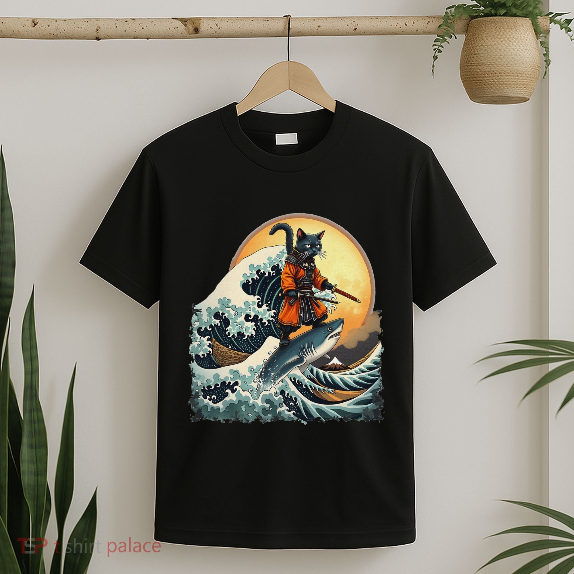 Samurai Cat Riding Shark Epic Wave Cat Lovers Costume T-Shirt
