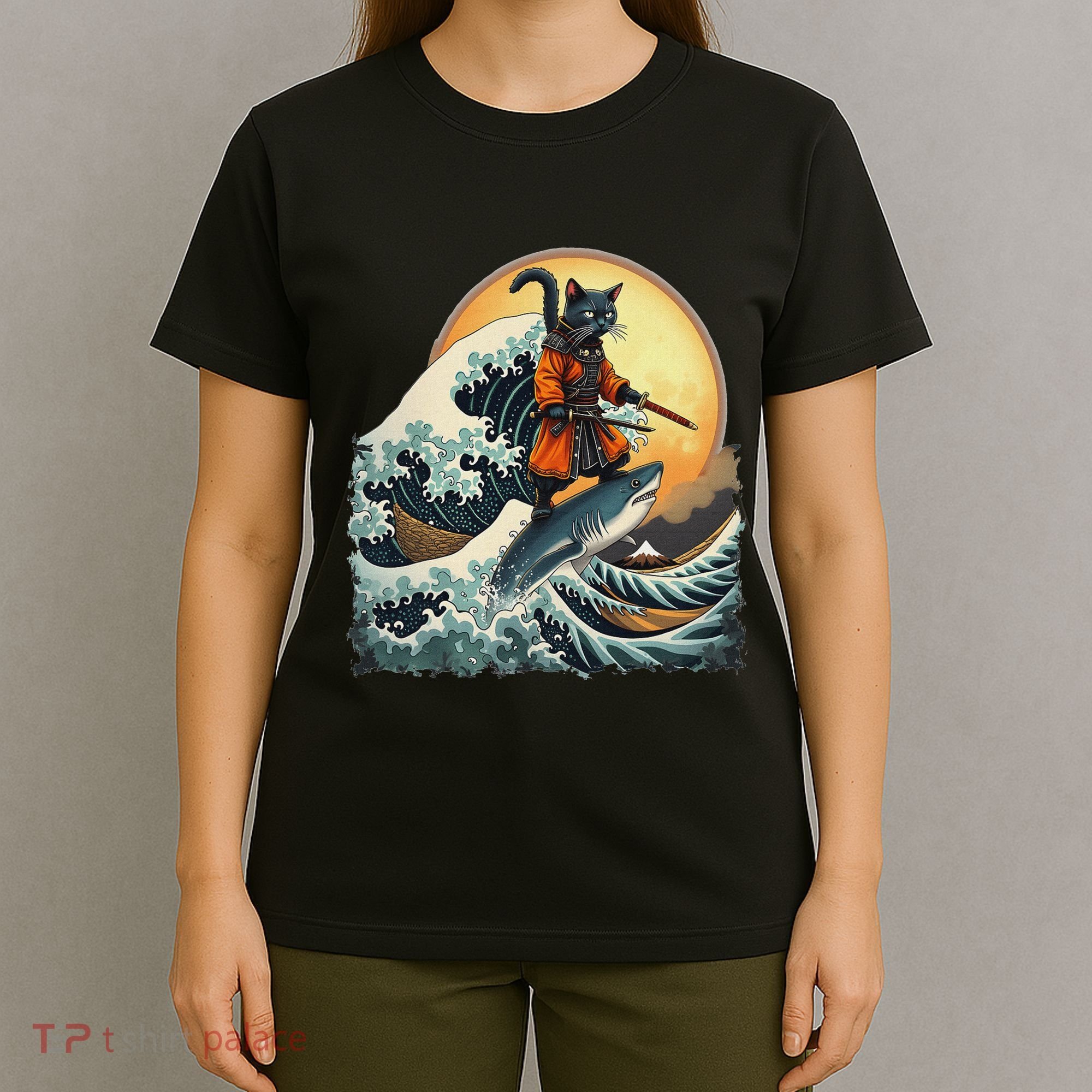 Samurai Cat Riding Shark Epic Wave Cat Lovers Costume T-Shirt