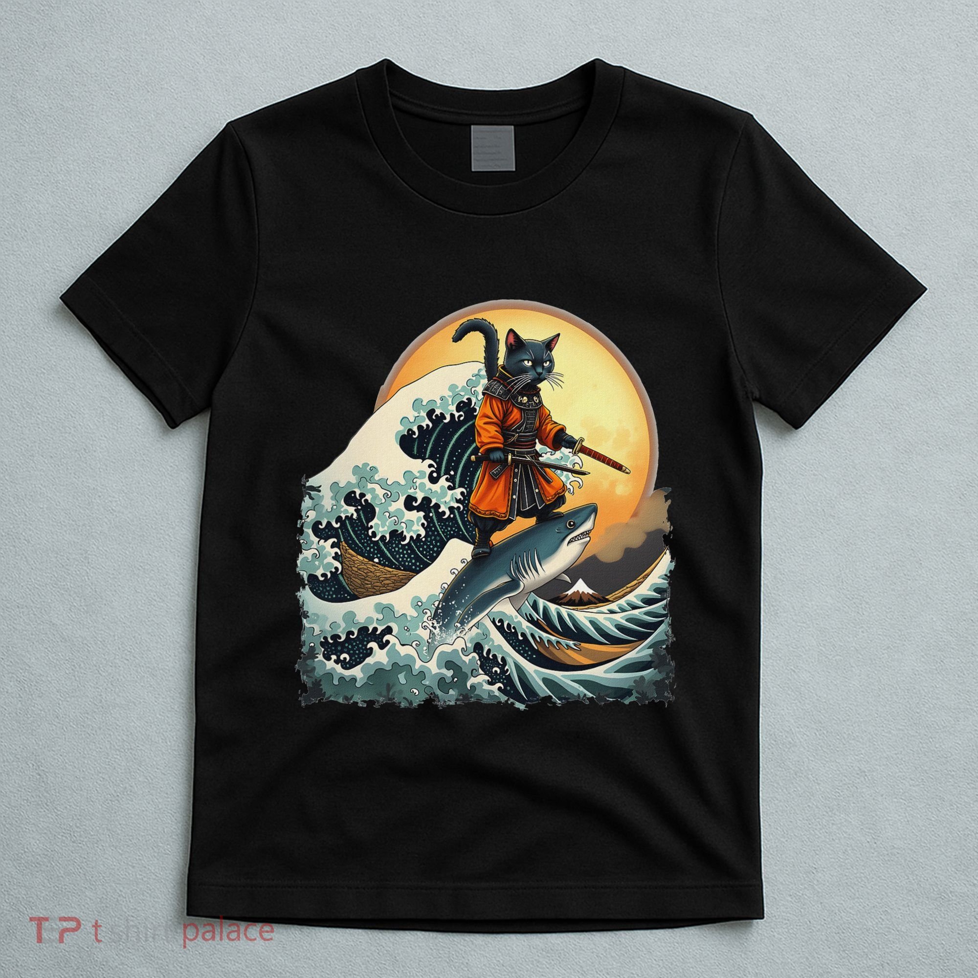 Samurai Cat Riding Shark Epic Wave Cat Lovers Costume T-Shirt
