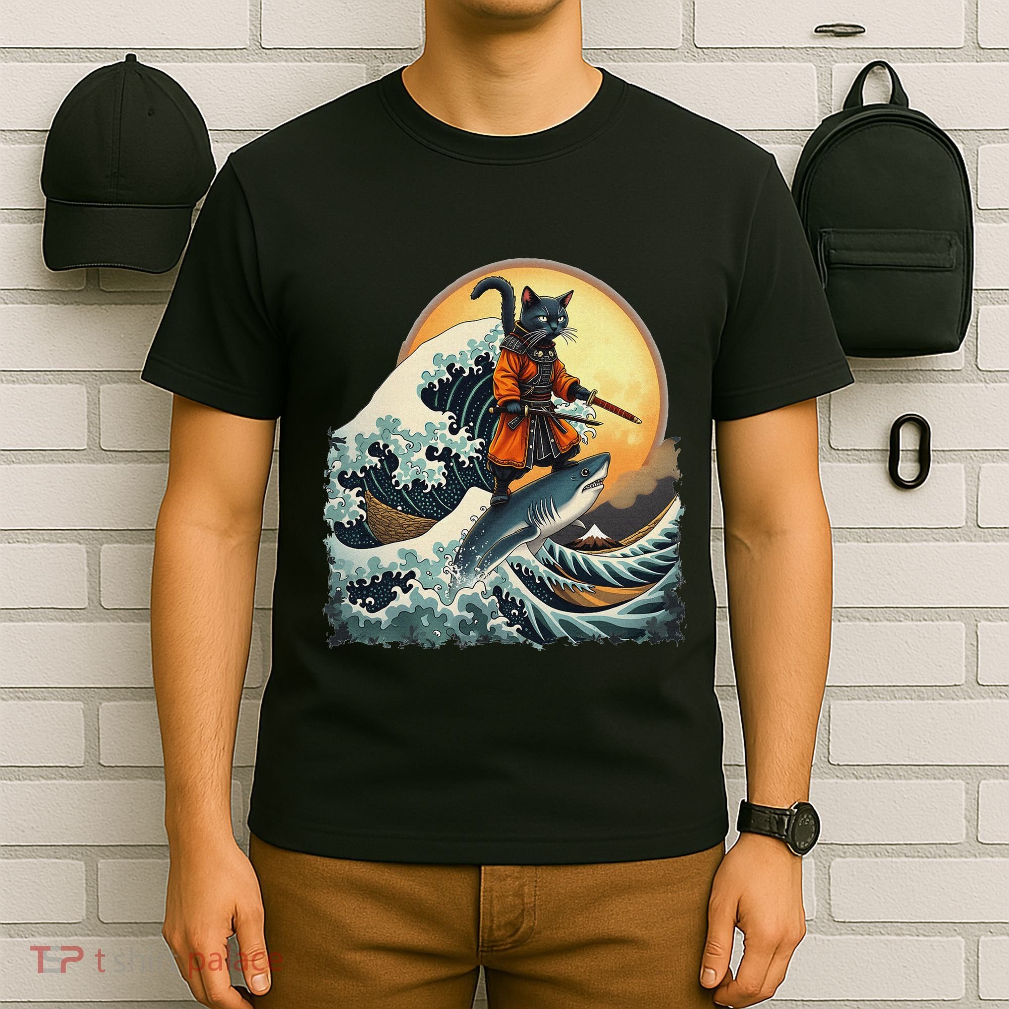 Samurai Cat Riding Shark Epic Wave Cat Lovers Costume T-Shirt