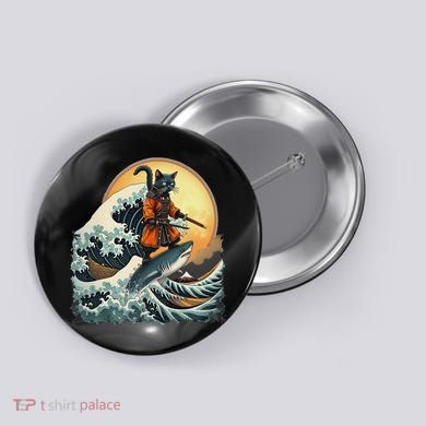 Samurai Cat Riding Shark Epic Wave Cat Lovers Costume Button
