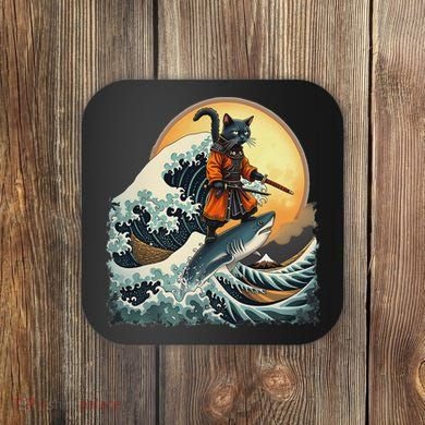 Samurai Cat Riding Shark Epic Wave Cat Lovers Costume Coaster