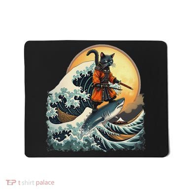 Samurai Cat Riding Shark Epic Wave Cat Lovers Costume Mousepad