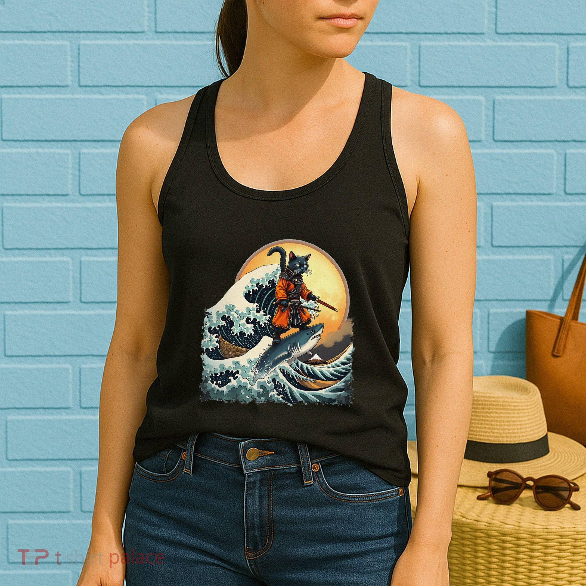 Samurai Cat Riding Shark Epic Wave Cat Lovers Costume Women's Tank Top