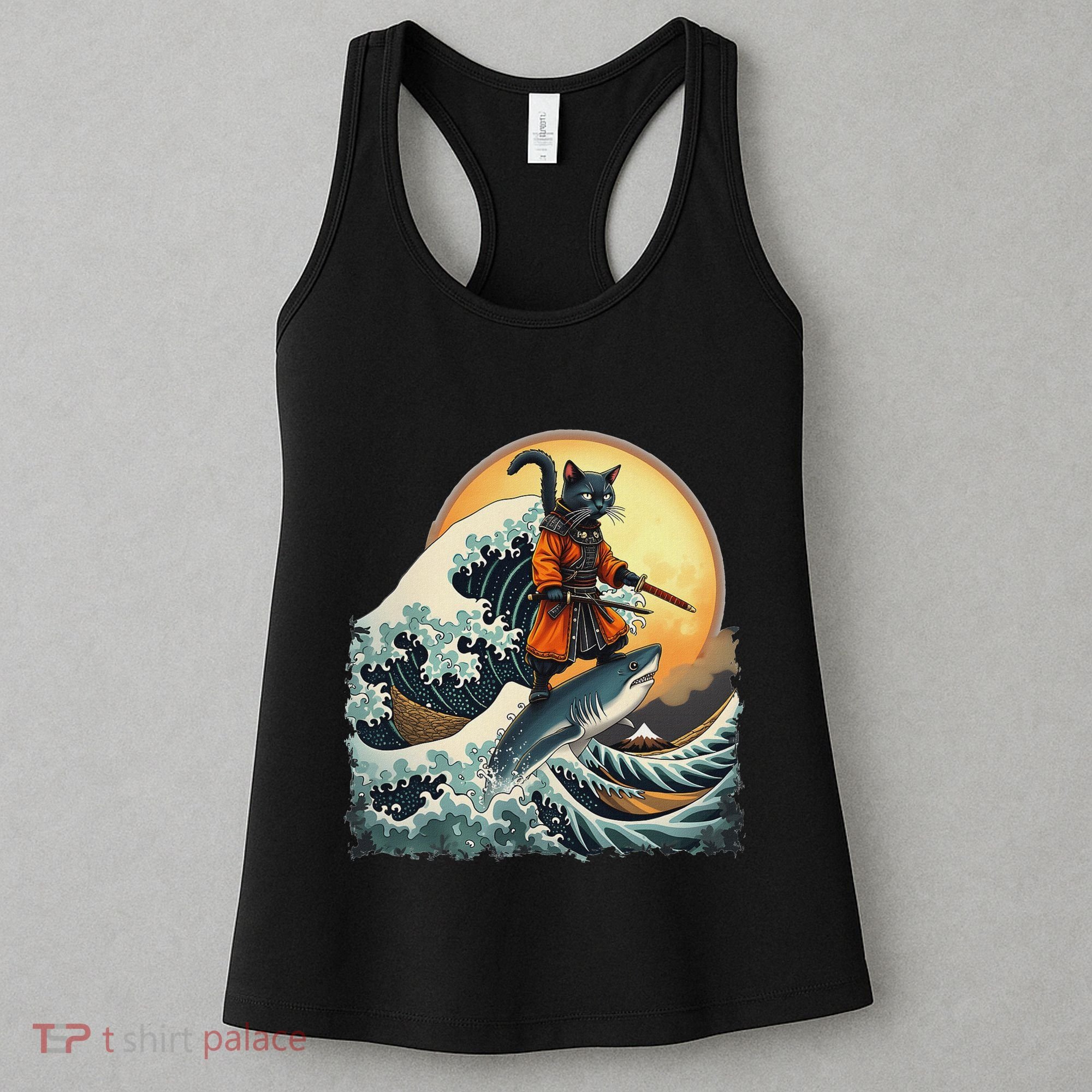 Samurai Cat Riding Shark Epic Wave Cat Lovers Costume Women's Tank Top