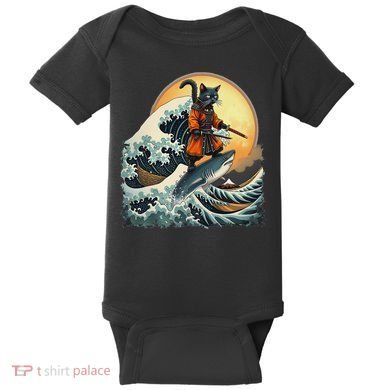 Samurai Cat Riding Shark Epic Wave Cat Lovers Costume Baby Bodysuit