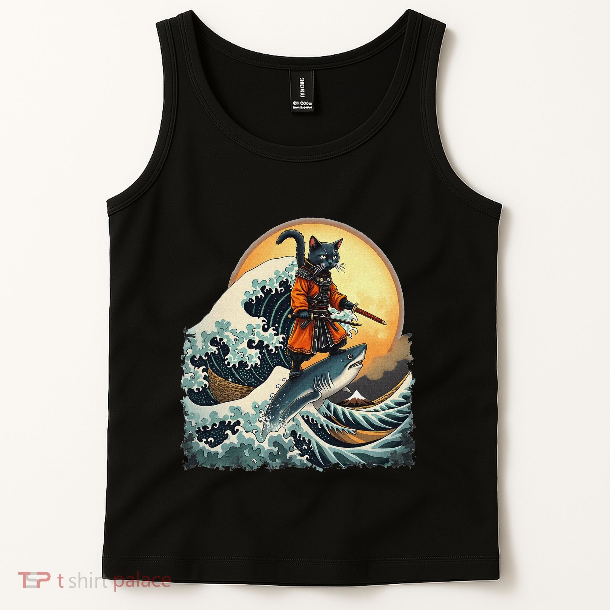 Samurai Cat Riding Shark Epic Wave Cat Lovers Costume Tank Top