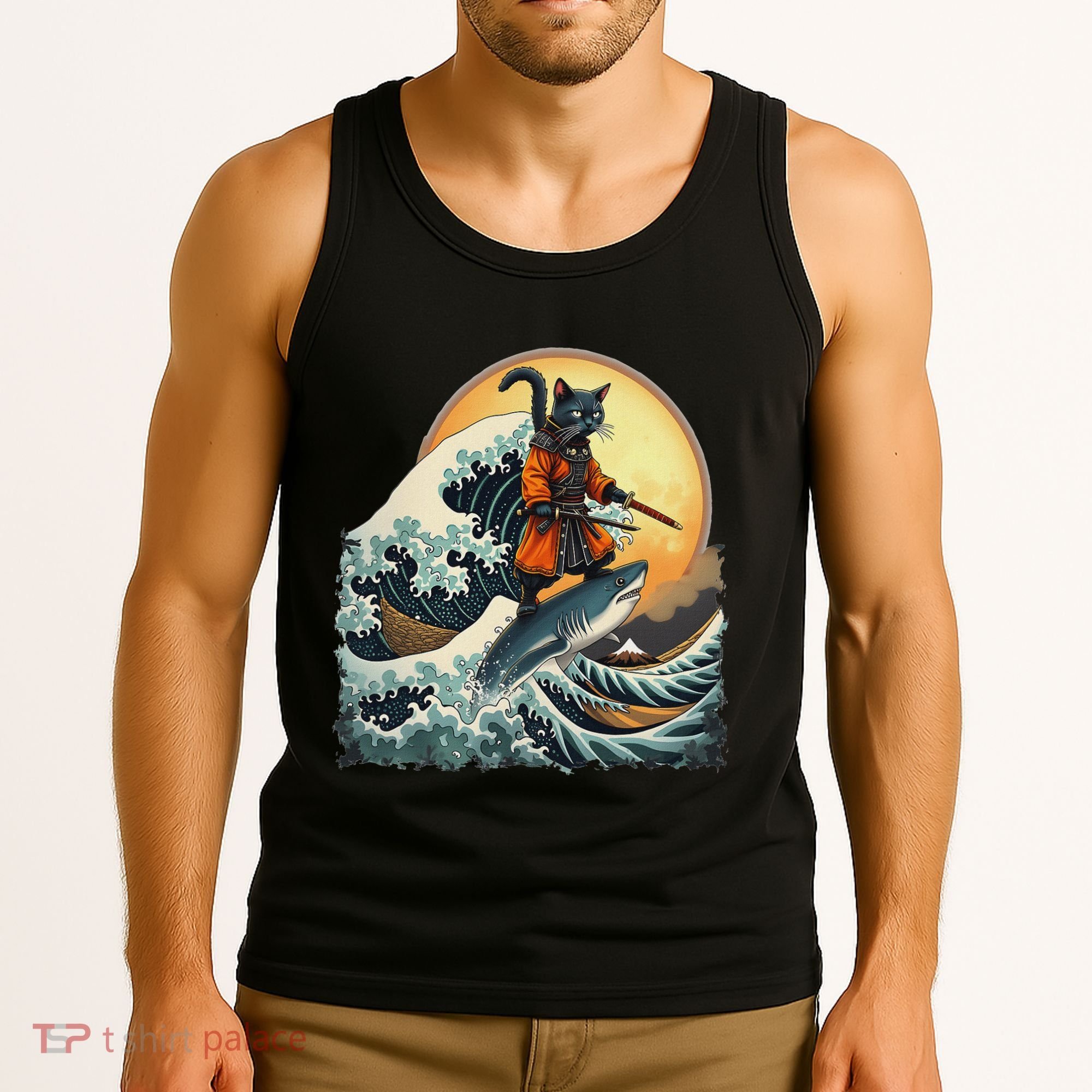 Samurai Cat Riding Shark Epic Wave Cat Lovers Costume Tank Top