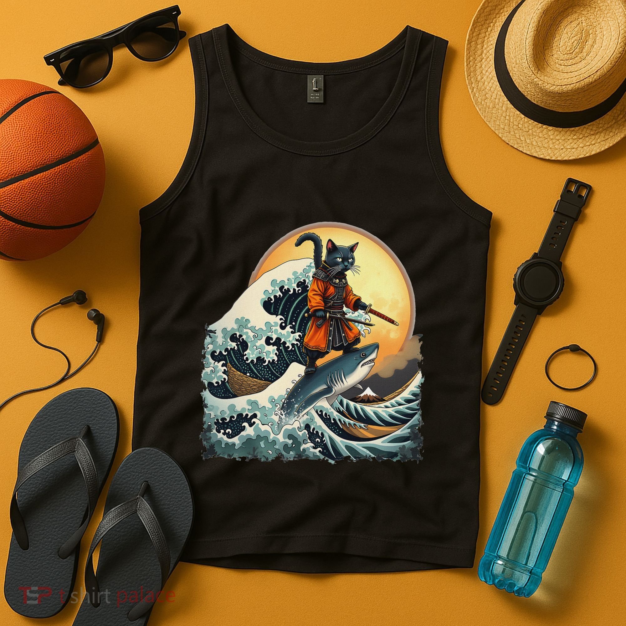 Samurai Cat Riding Shark Epic Wave Cat Lovers Costume Tank Top