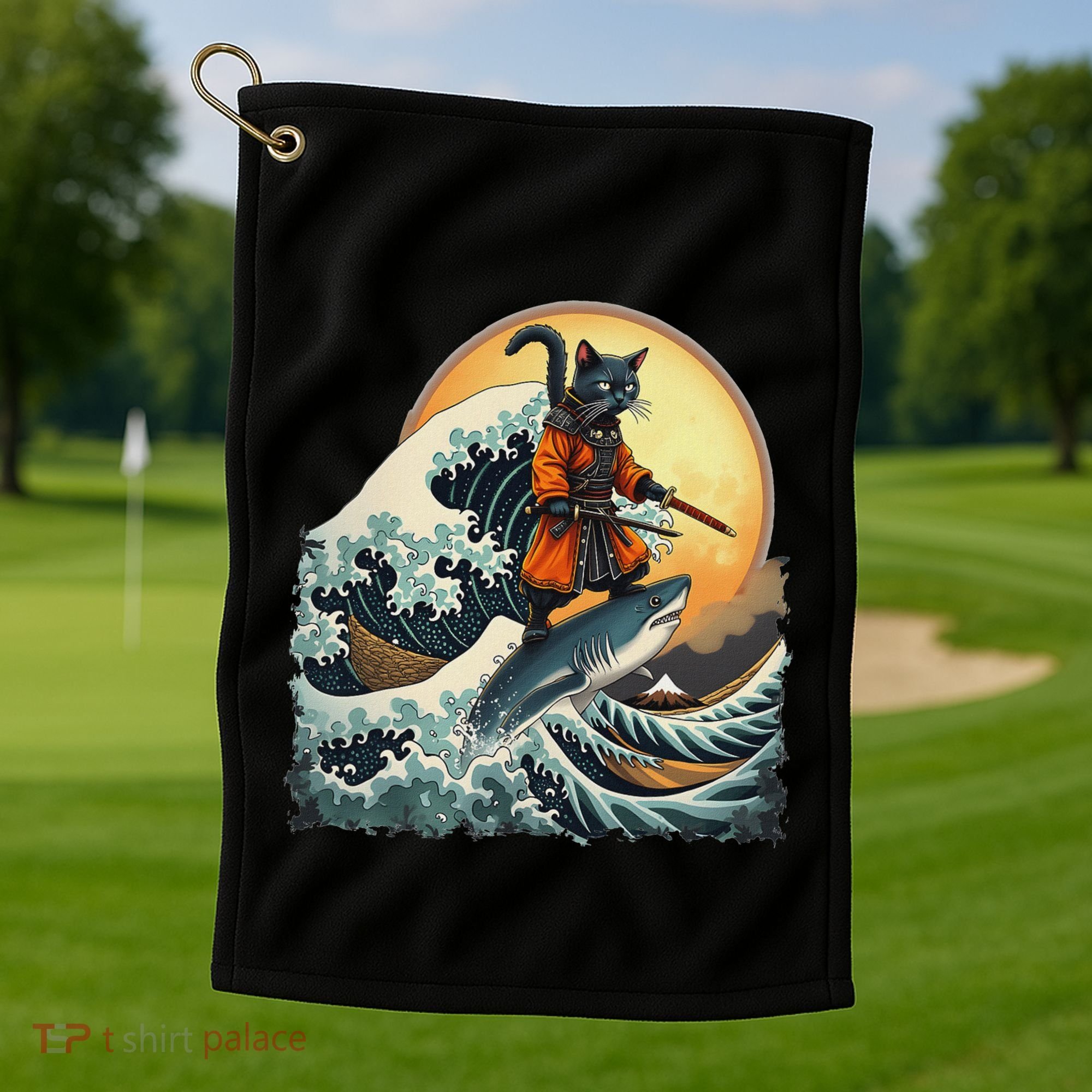 Samurai Cat Riding Shark Epic Wave Cat Lovers Costume Golf Towel
