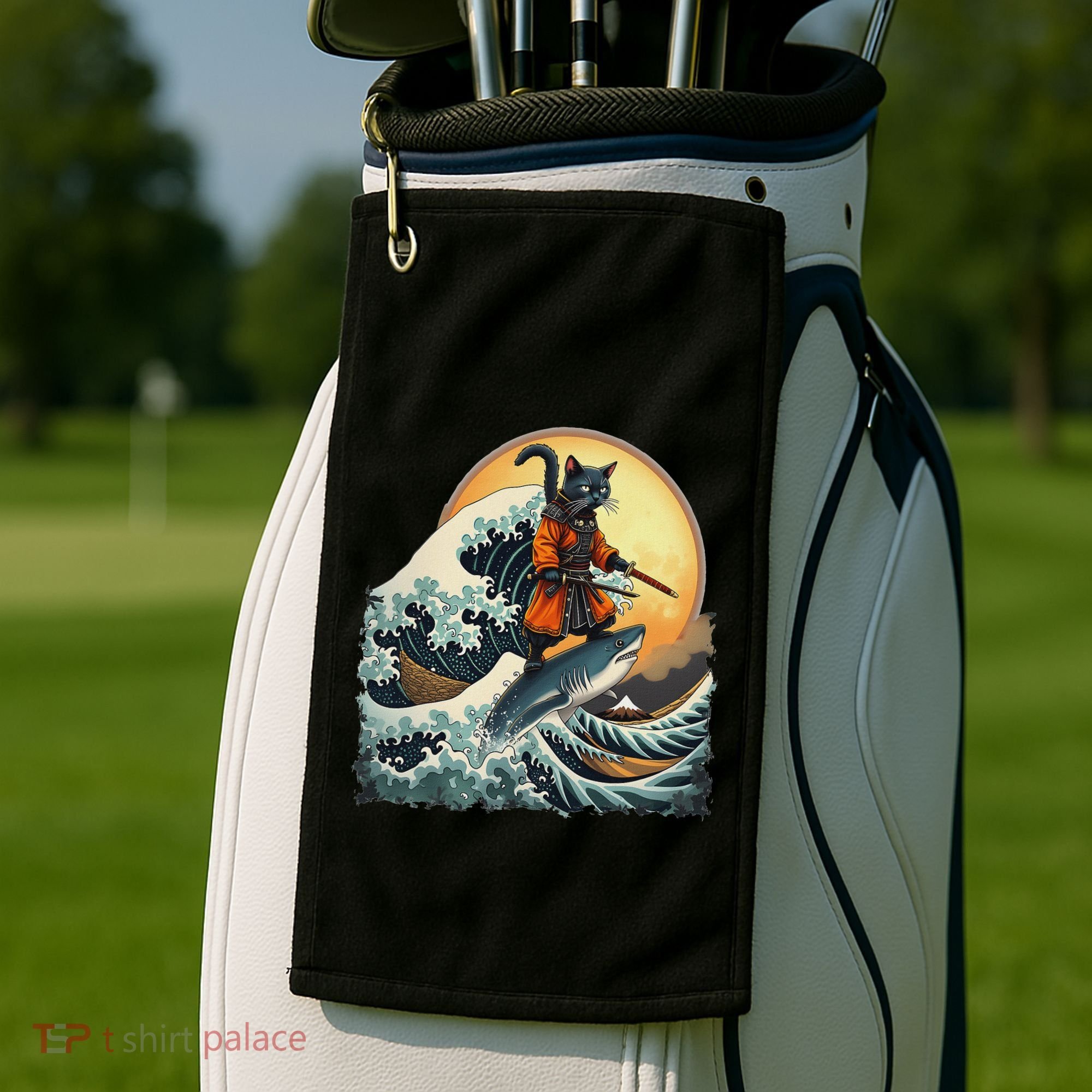 Samurai Cat Riding Shark Epic Wave Cat Lovers Costume Golf Towel