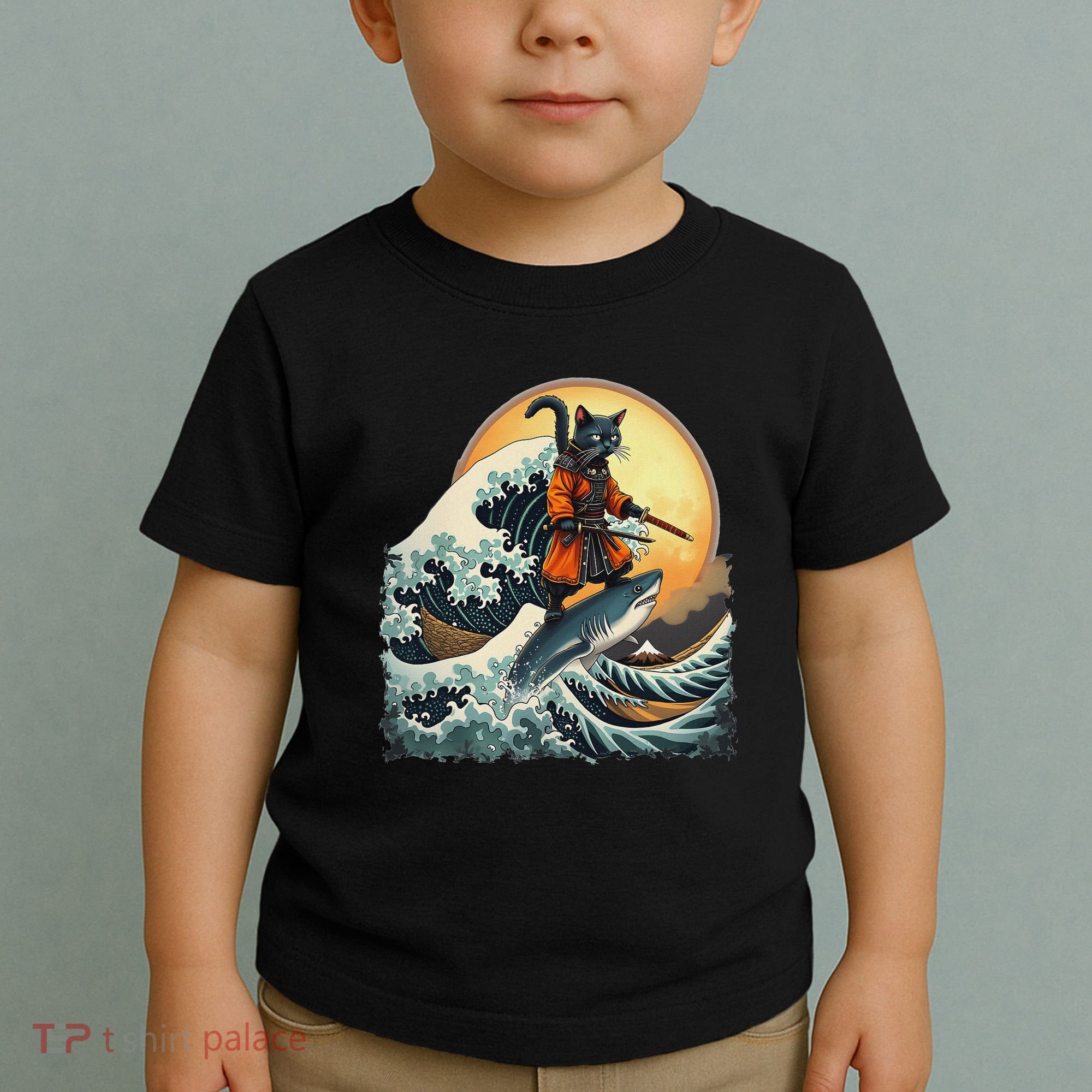 Samurai Cat Riding Shark Epic Wave Cat Lovers Costume Toddler T-Shirt