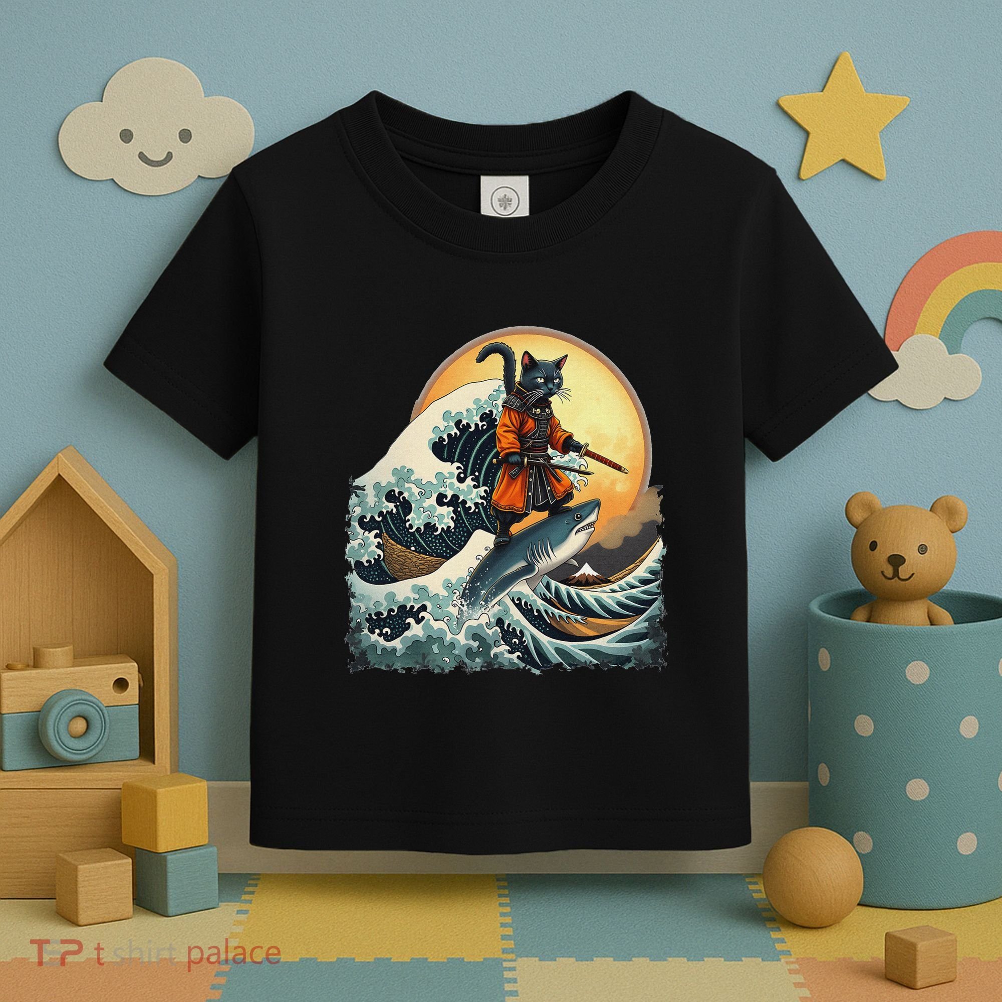 Samurai Cat Riding Shark Epic Wave Cat Lovers Costume Toddler T-Shirt