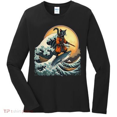 Samurai Cat Riding Shark Epic Wave Cat Lovers Costume Women's Long Sleeve Shirt