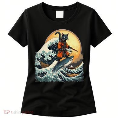 Samurai Cat Riding Shark Epic Wave Cat Lovers Costume Women's T-Shirt
