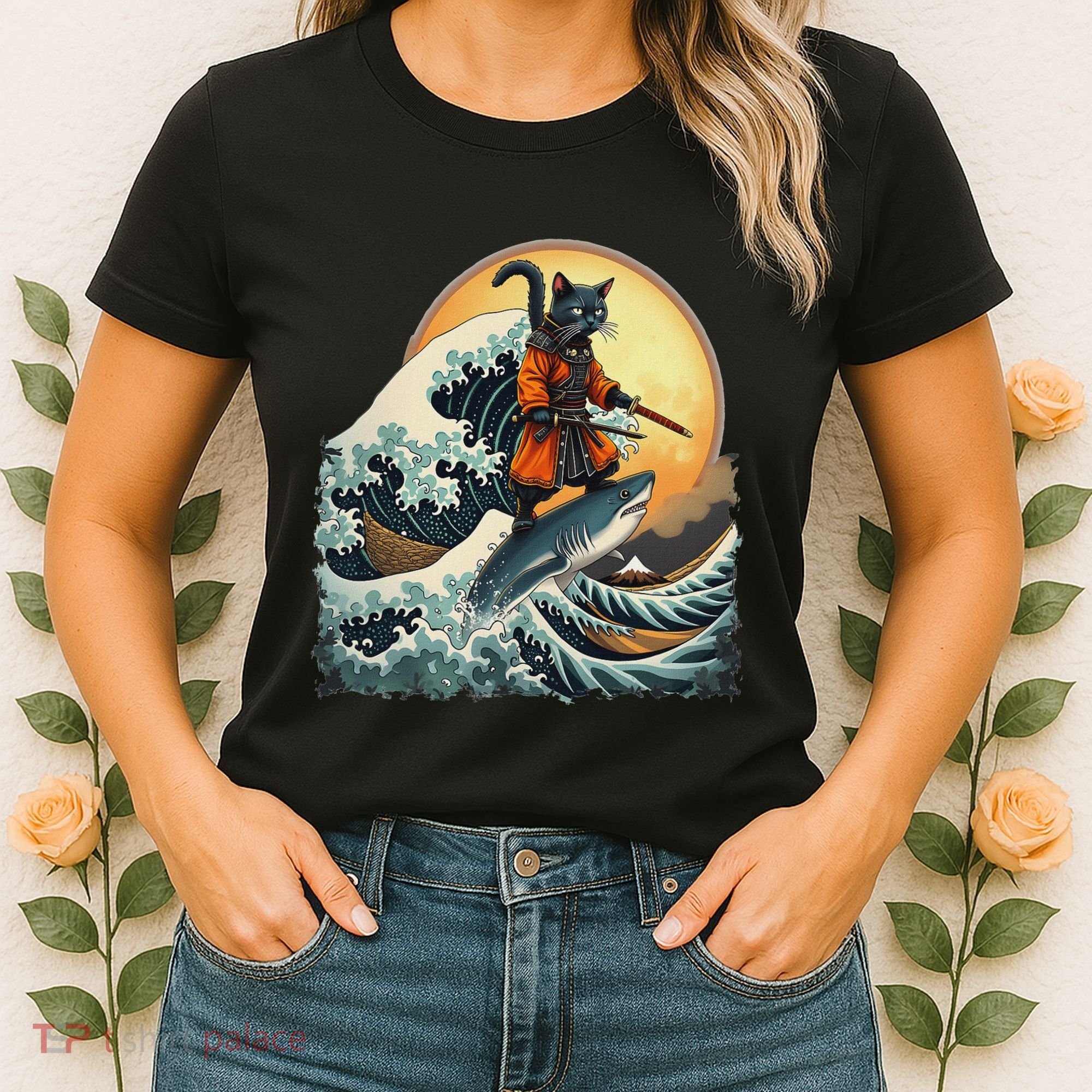 Samurai Cat Riding Shark Epic Wave Cat Lovers Costume Women's T-Shirt