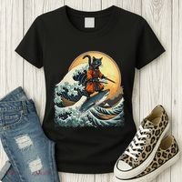 Samurai Cat Riding Shark Epic Wave Cat Lovers Costume Women's T-Shirt thumb 3