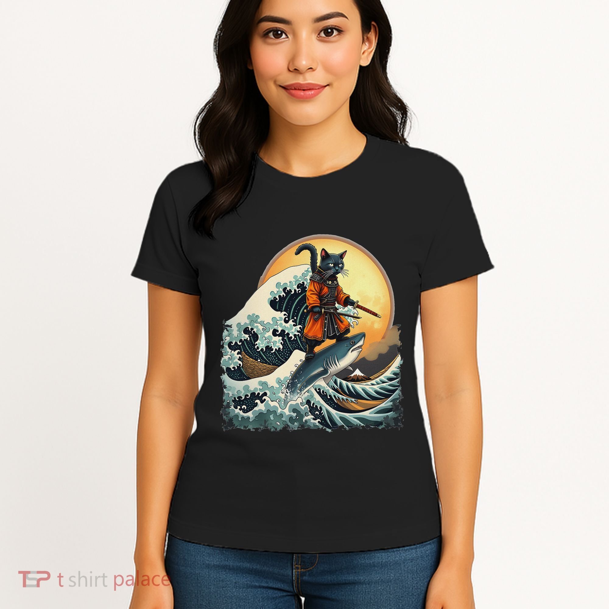 Samurai Cat Riding Shark Epic Wave Cat Lovers Costume Women's T-Shirt