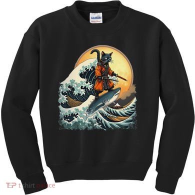 Samurai Cat Riding Shark Epic Wave Cat Lovers Costume Kids Sweatshirt