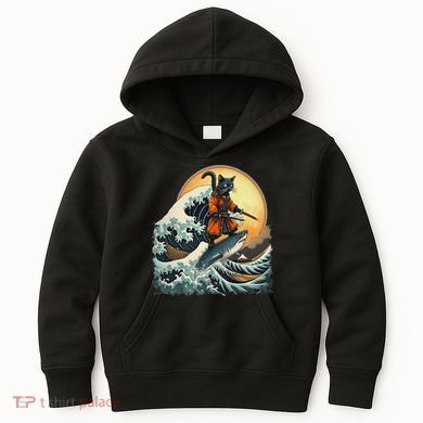 Samurai Cat Riding Shark Epic Wave Cat Lovers Costume Kids Hoodie