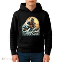 Samurai Cat Riding Shark Epic Wave Cat Lovers Costume Kids Hoodie thumb 4