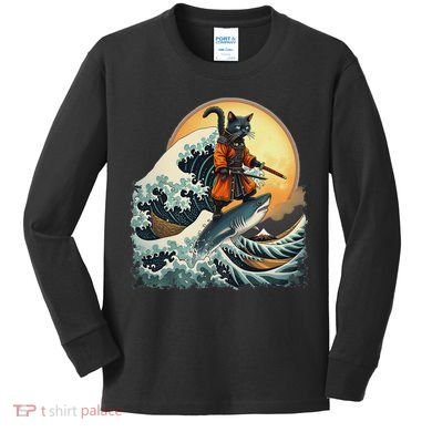 Samurai Cat Riding Shark Epic Wave Cat Lovers Costume Kids Long Sleeve Shirt