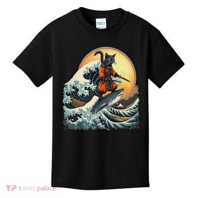 Samurai Cat Riding Shark Epic Wave Cat Lovers Costume Kids T-Shirt