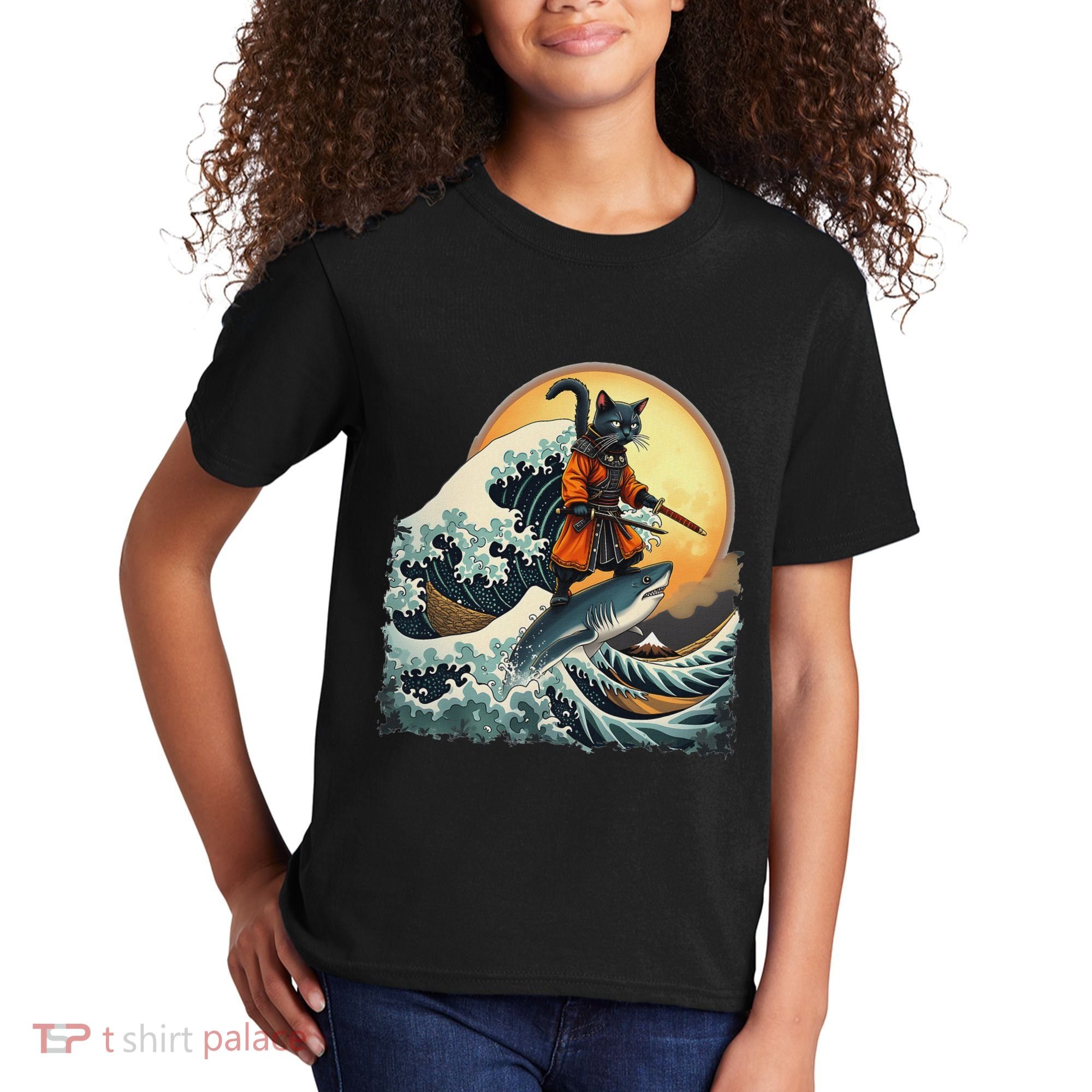 Samurai Cat Riding Shark Epic Wave Cat Lovers Costume Kids T-Shirt