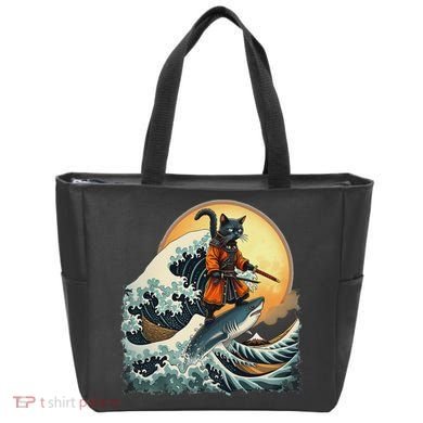 Samurai Cat Riding Shark Epic Wave Cat Lovers Costume Tote Bag