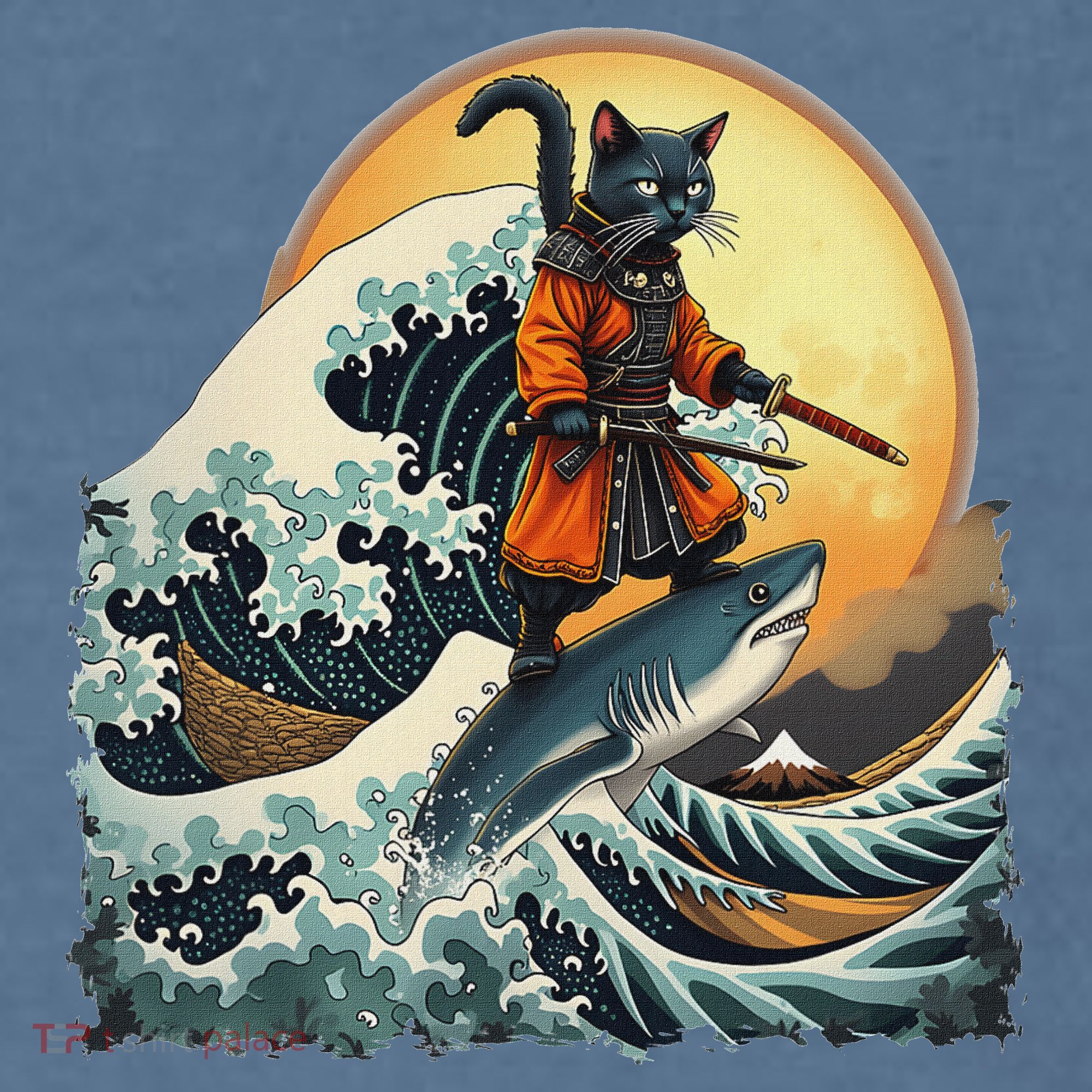 Samurai Cat Riding Shark Epic Wave Cat Lovers Costume Comfort Colors Garment-Dyed Hooded Sweatshirt