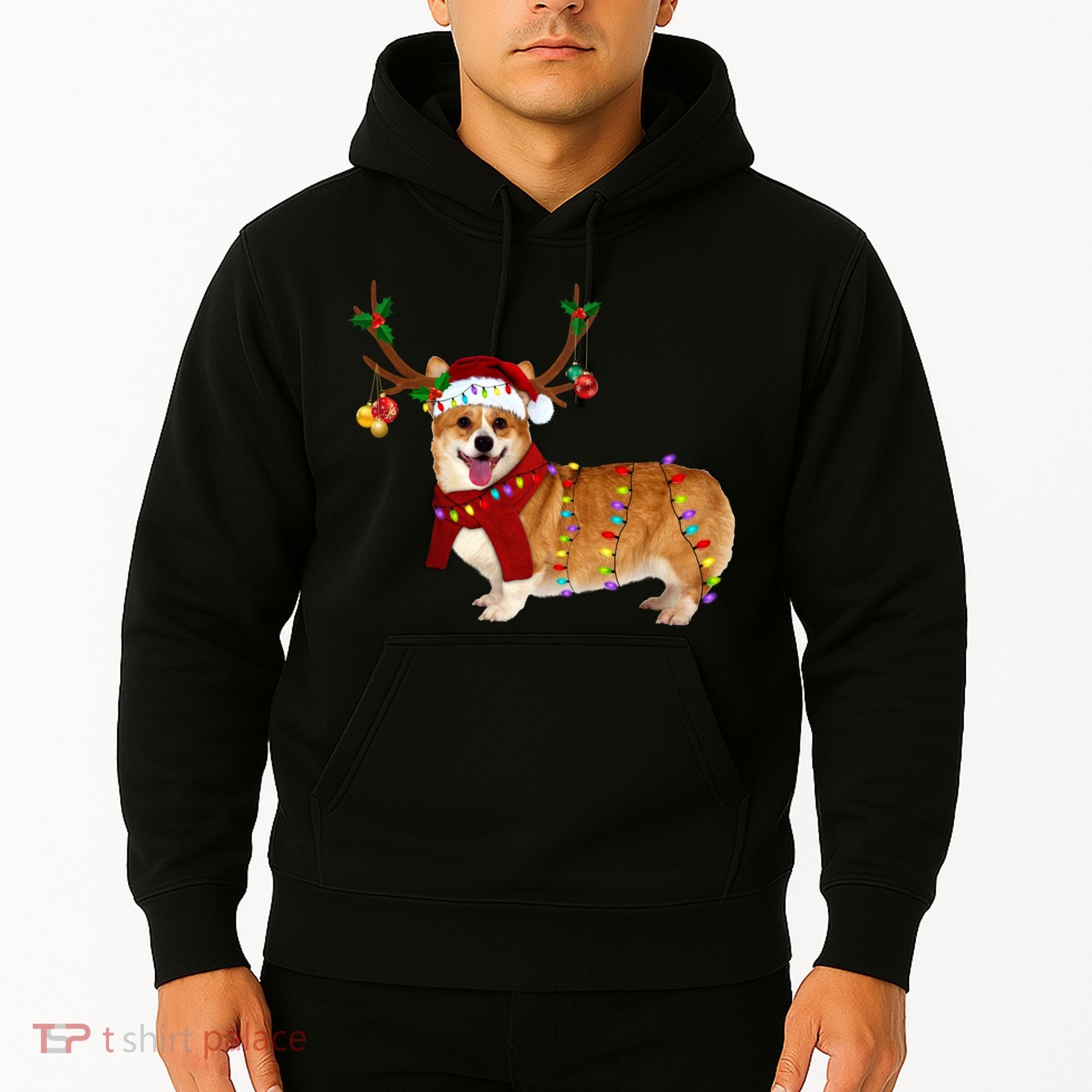 Santa Corgi Reindeer Light Christmas Gift Hoodie