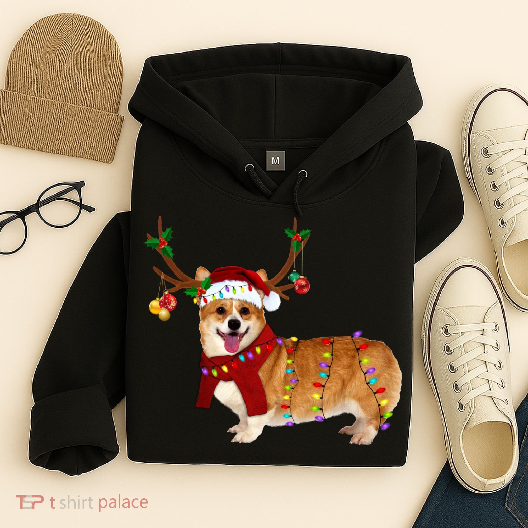 Santa Corgi Reindeer Light Christmas Gift Hoodie