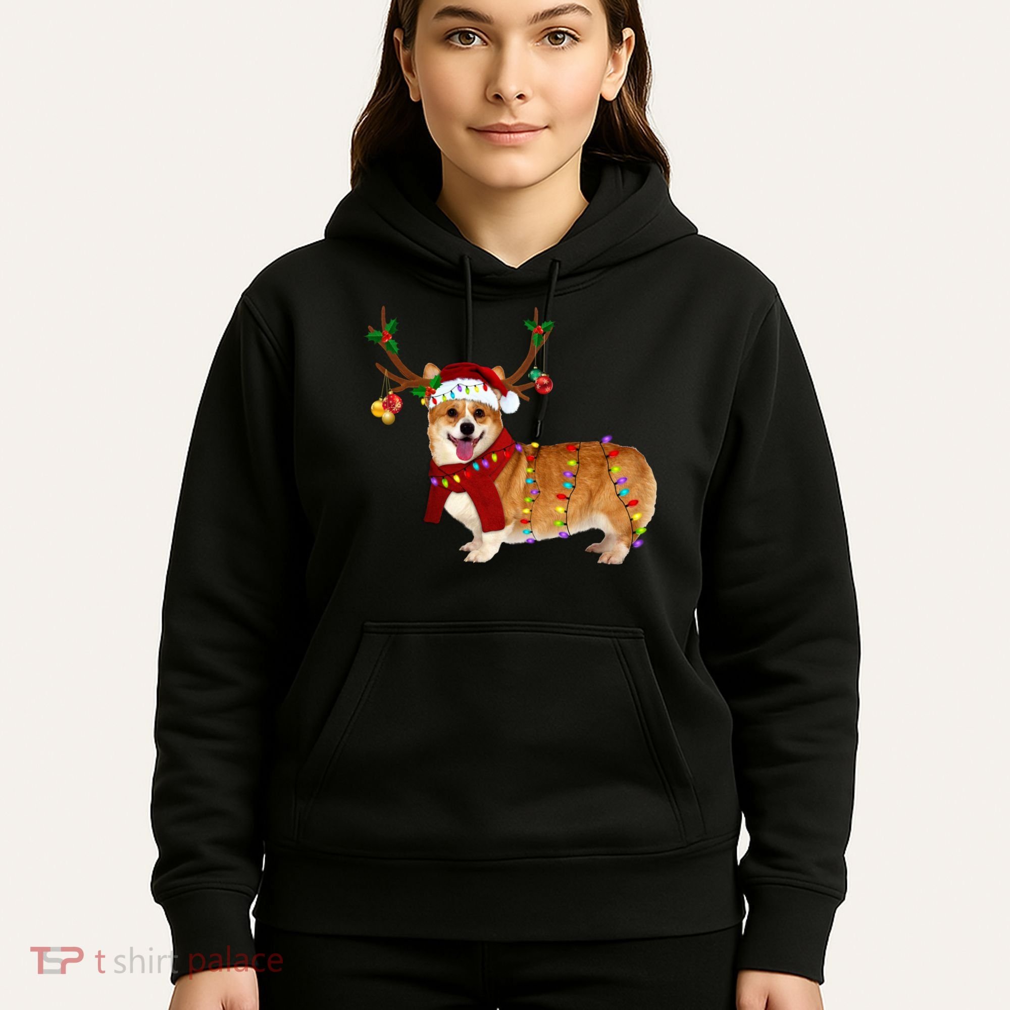 Santa Corgi Reindeer Light Christmas Gift Hoodie