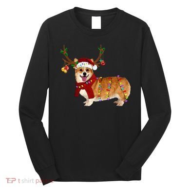 Santa Corgi Reindeer Light Christmas Gift Long Sleeve Shirt
