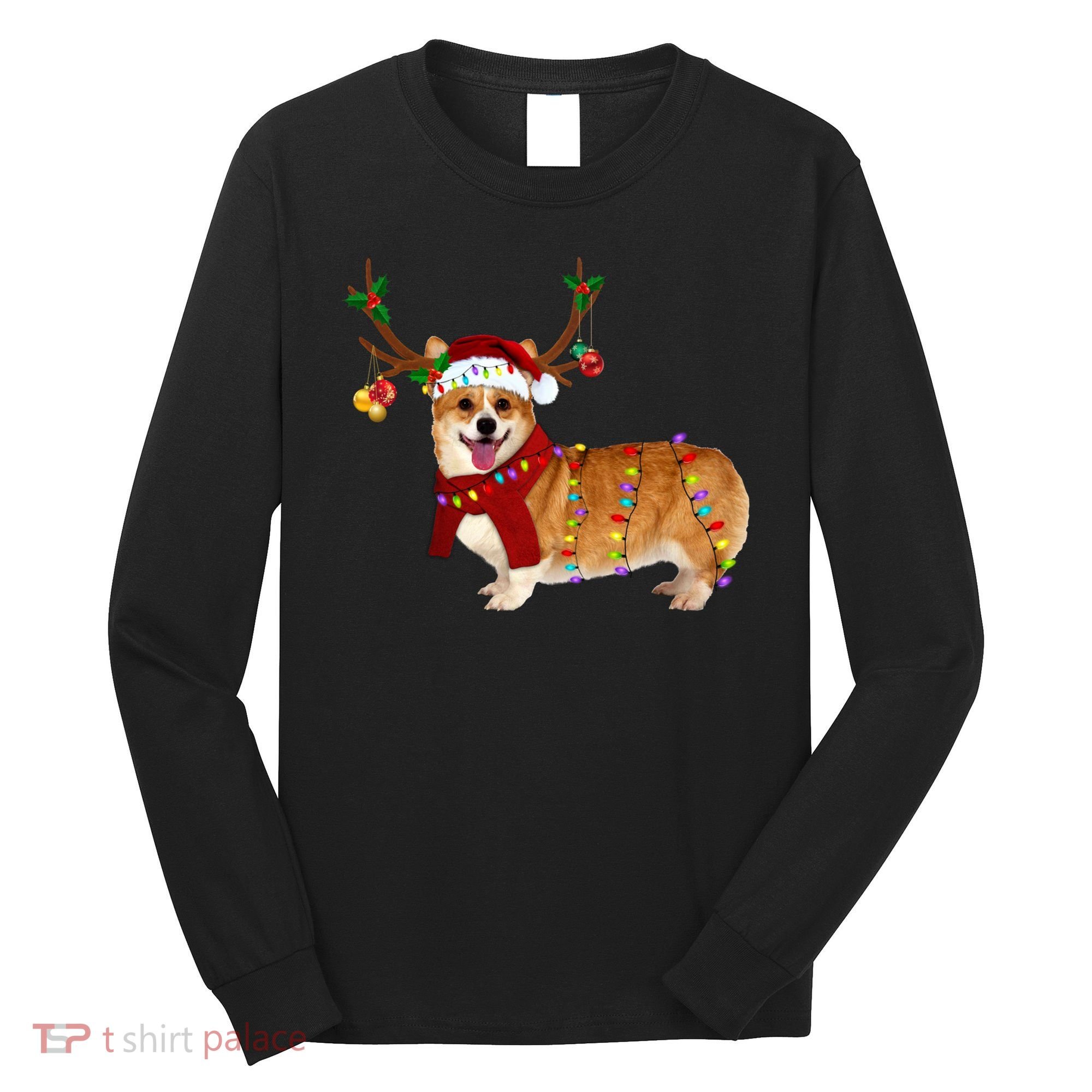 Santa Corgi Reindeer Light Christmas Gift Long Sleeve Shirt