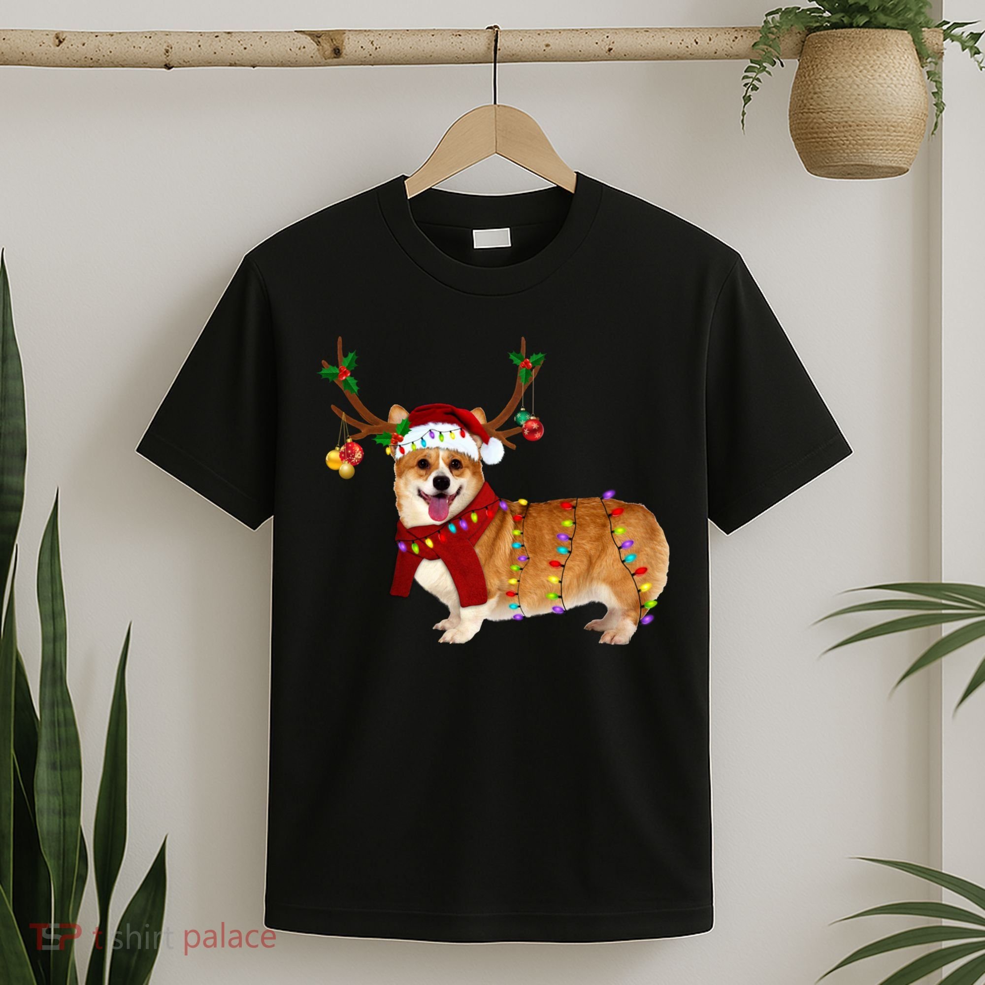 Santa Corgi Reindeer Light Christmas Gift T-Shirt
