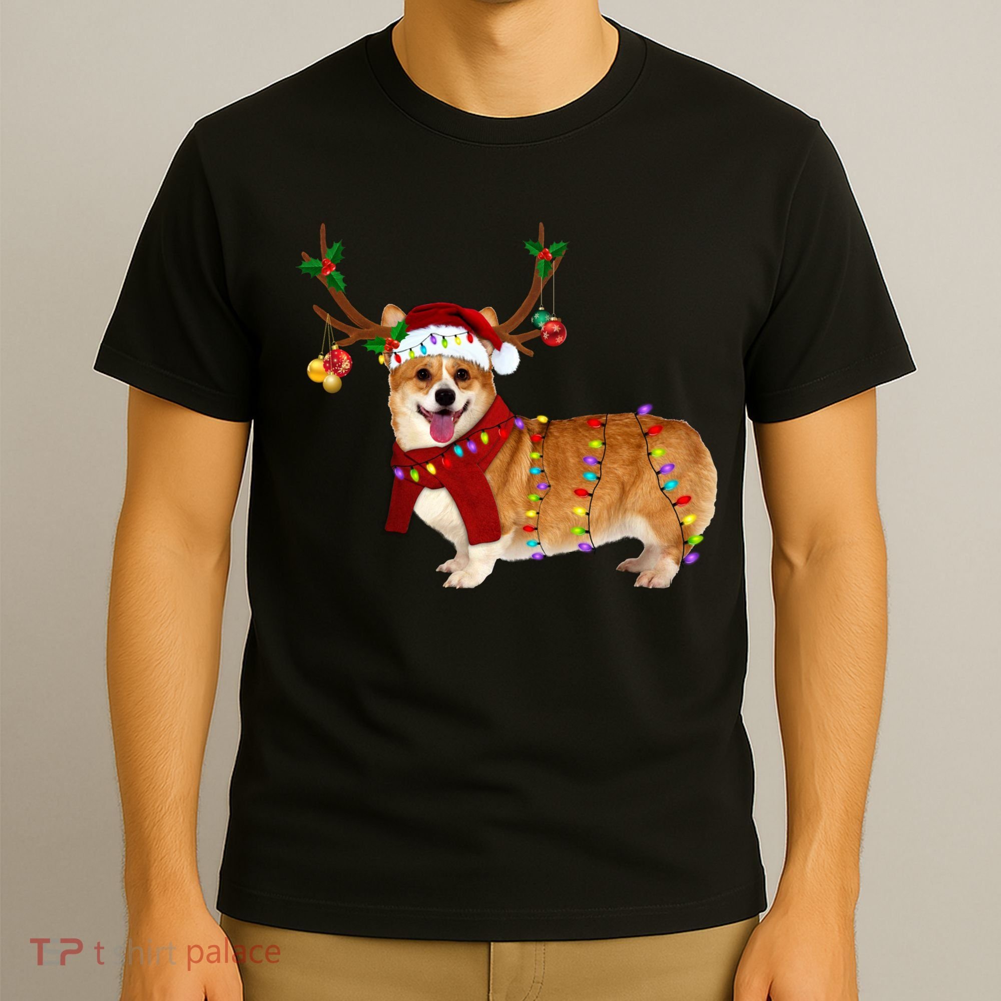Santa Corgi Reindeer Light Christmas Gift T-Shirt