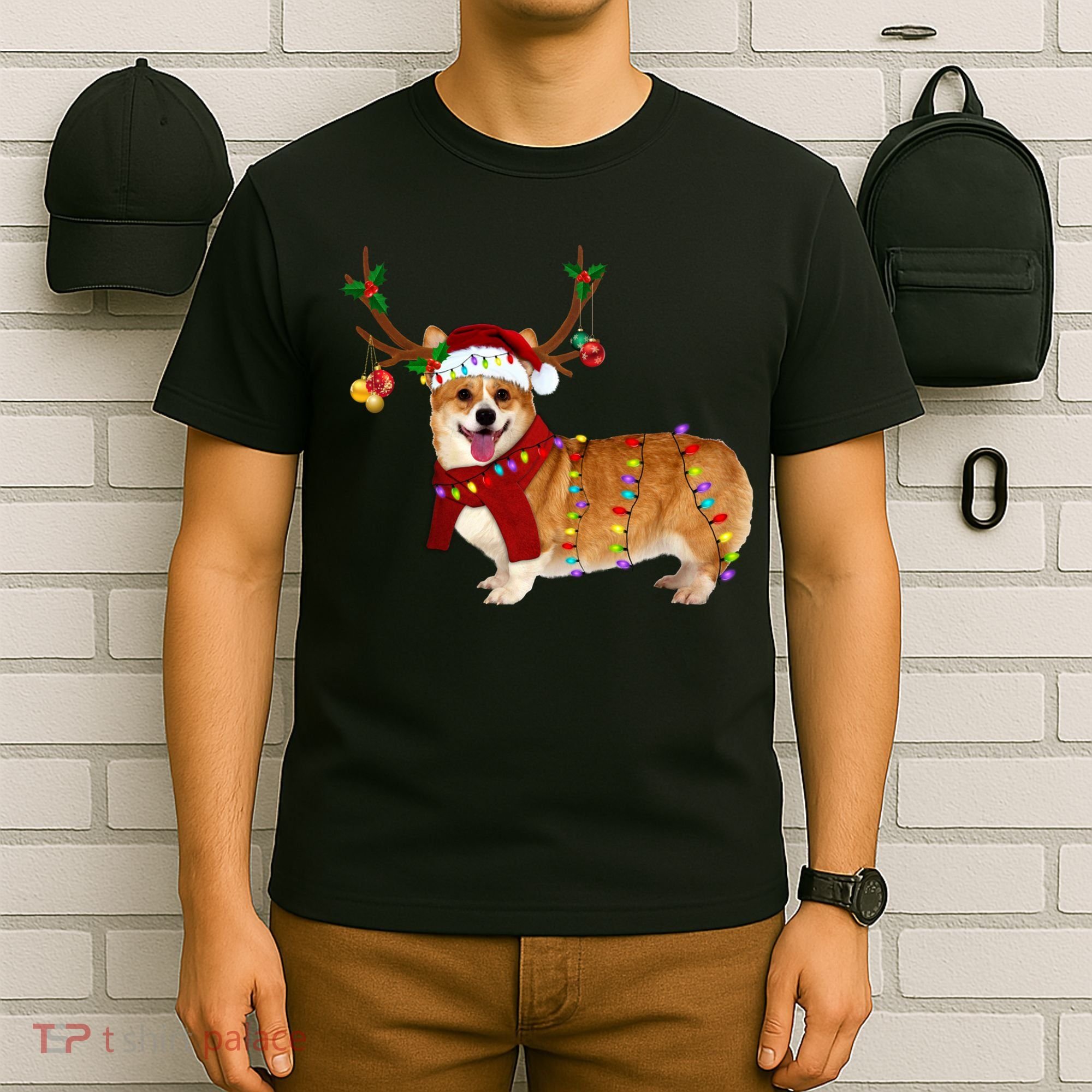 Santa Corgi Reindeer Light Christmas Gift T-Shirt