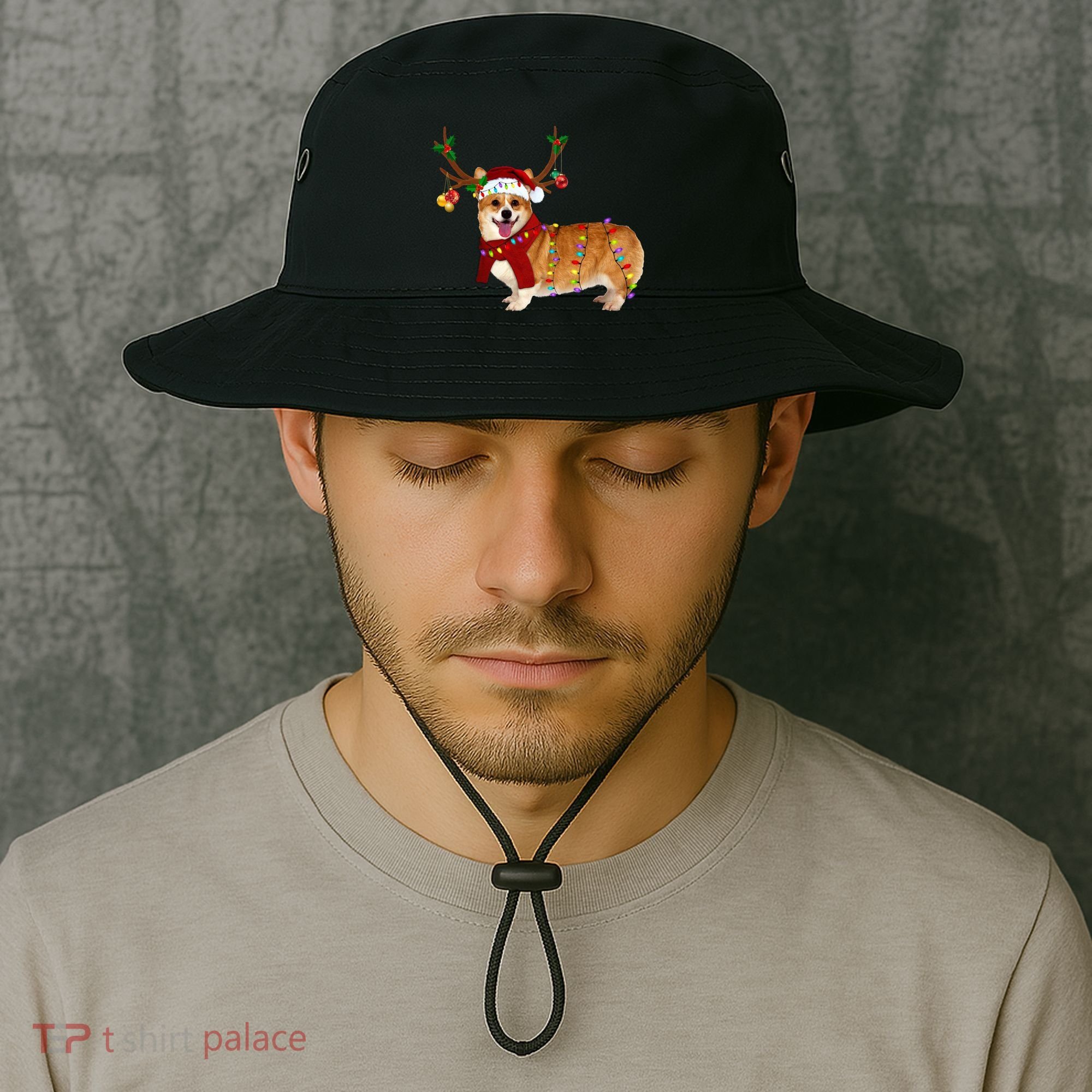Santa Corgi Reindeer Light Christmas Gift Bucket Hat