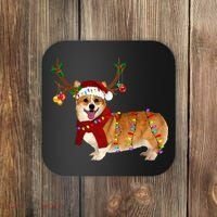 Santa Corgi Reindeer Light Christmas Gift Coaster thumb 0
