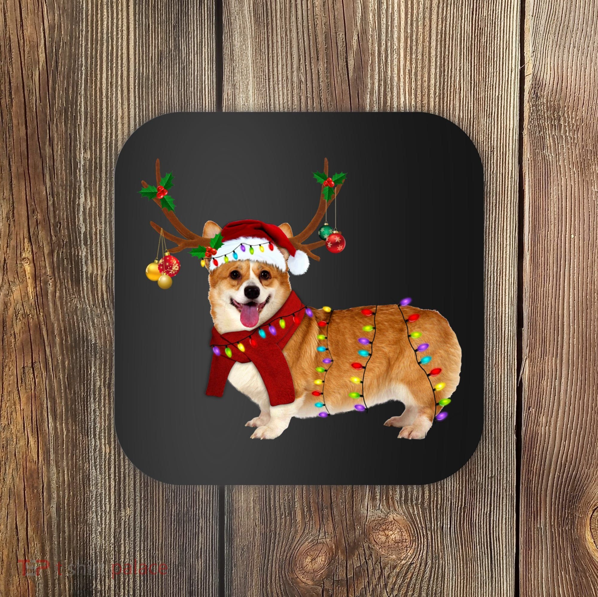 Santa Corgi Reindeer Light Christmas Gift Coaster